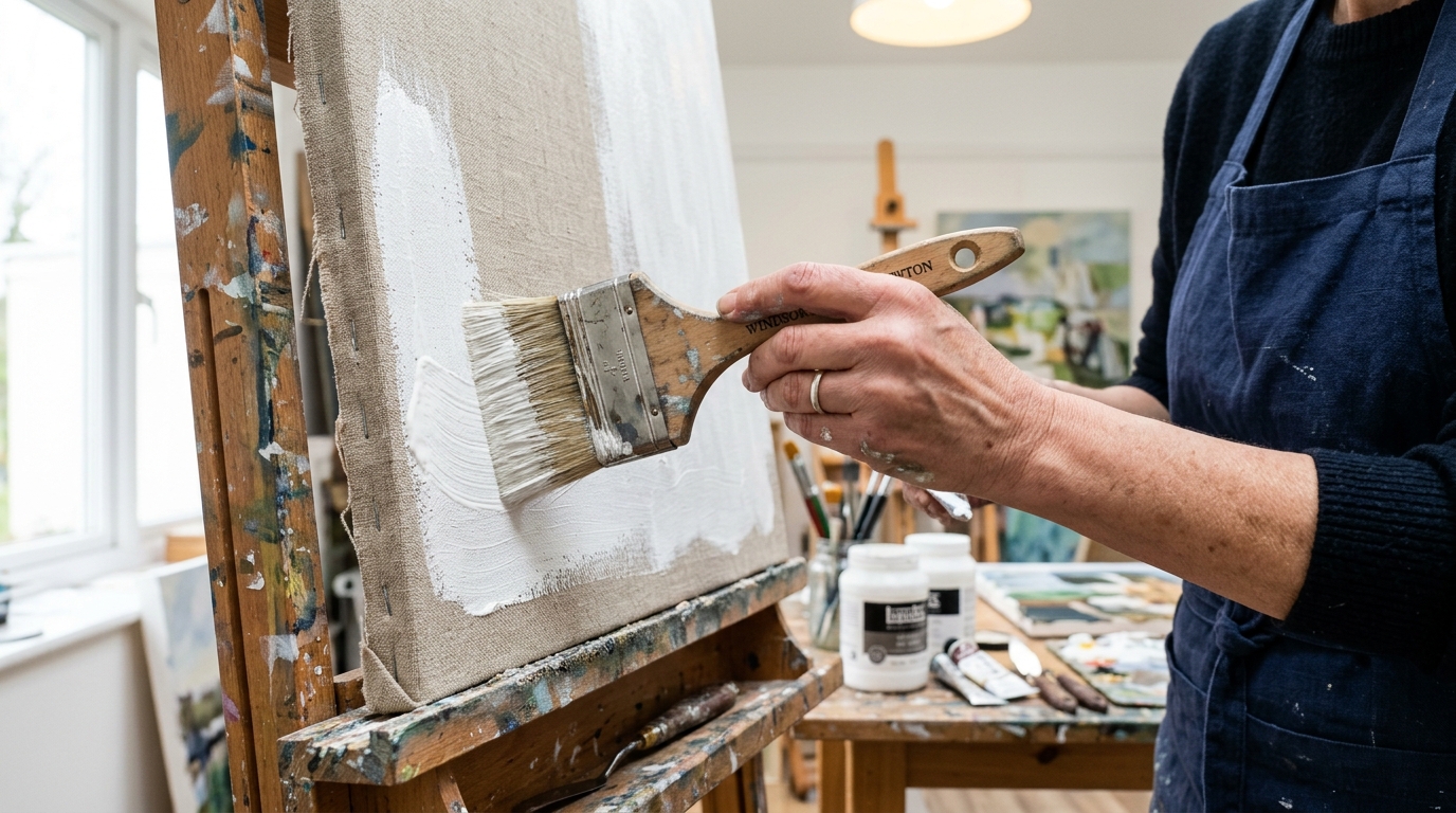 Imprimación de lienzo con gesso en estudio